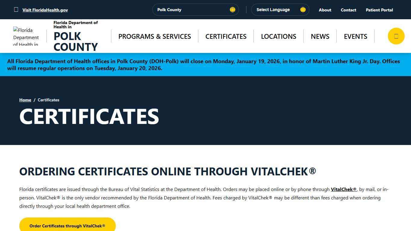 Certificates - Florida Department of Health in Polk County